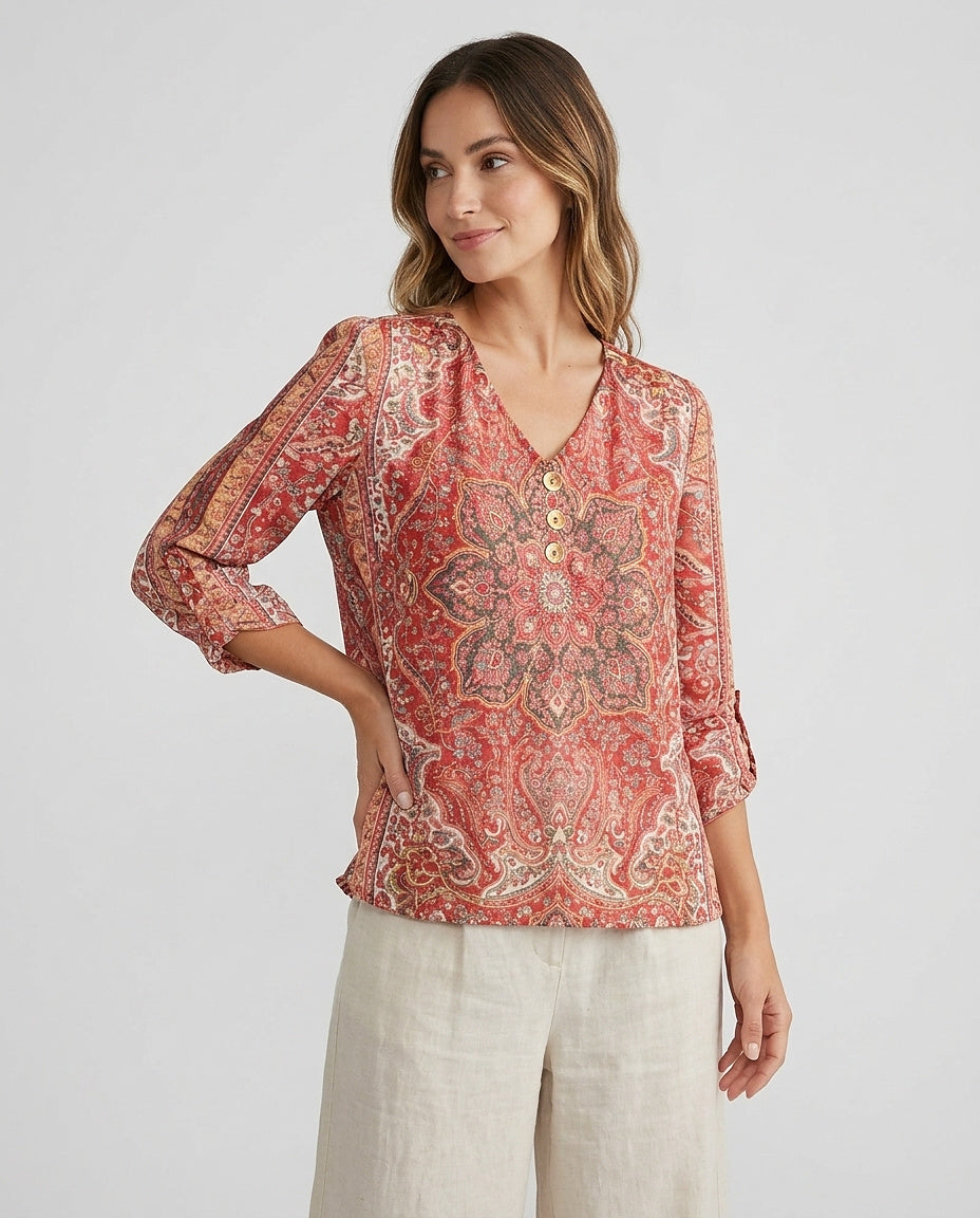 Blusa estampada con cuello en V y botones frontales para mujer-Blouses for women-Casaluzia