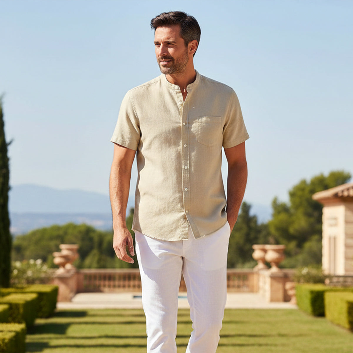 Camisa de lino para hombre con cuello mandarín y manga corta-Shirts for men-Casaluzia