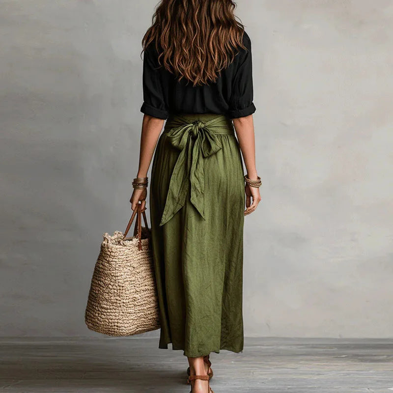 Conjunto de camisa de lino y falda maxi con lazo para mujer-Sets for women-Casaluzia