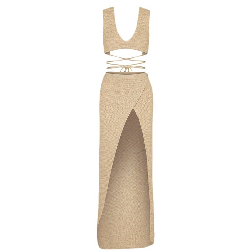 Conjunto de top corto de punto y falda larga para mujer-Sets for women-Casaluzia