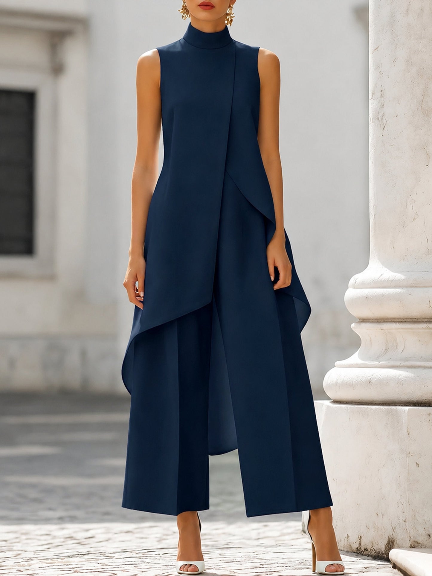 Conjunto de túnica asimétrica sin mangas con cuello alto para mujer-Sets for women-Casaluzia