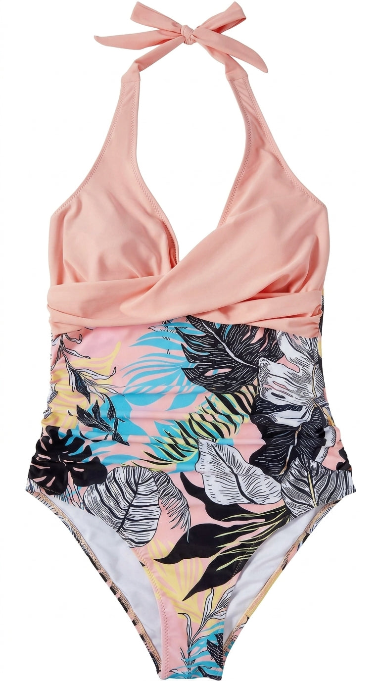 De mujer bañador de una pieza con cuello halter y escote en V cruzado-Swimwear for women-Casaluzia