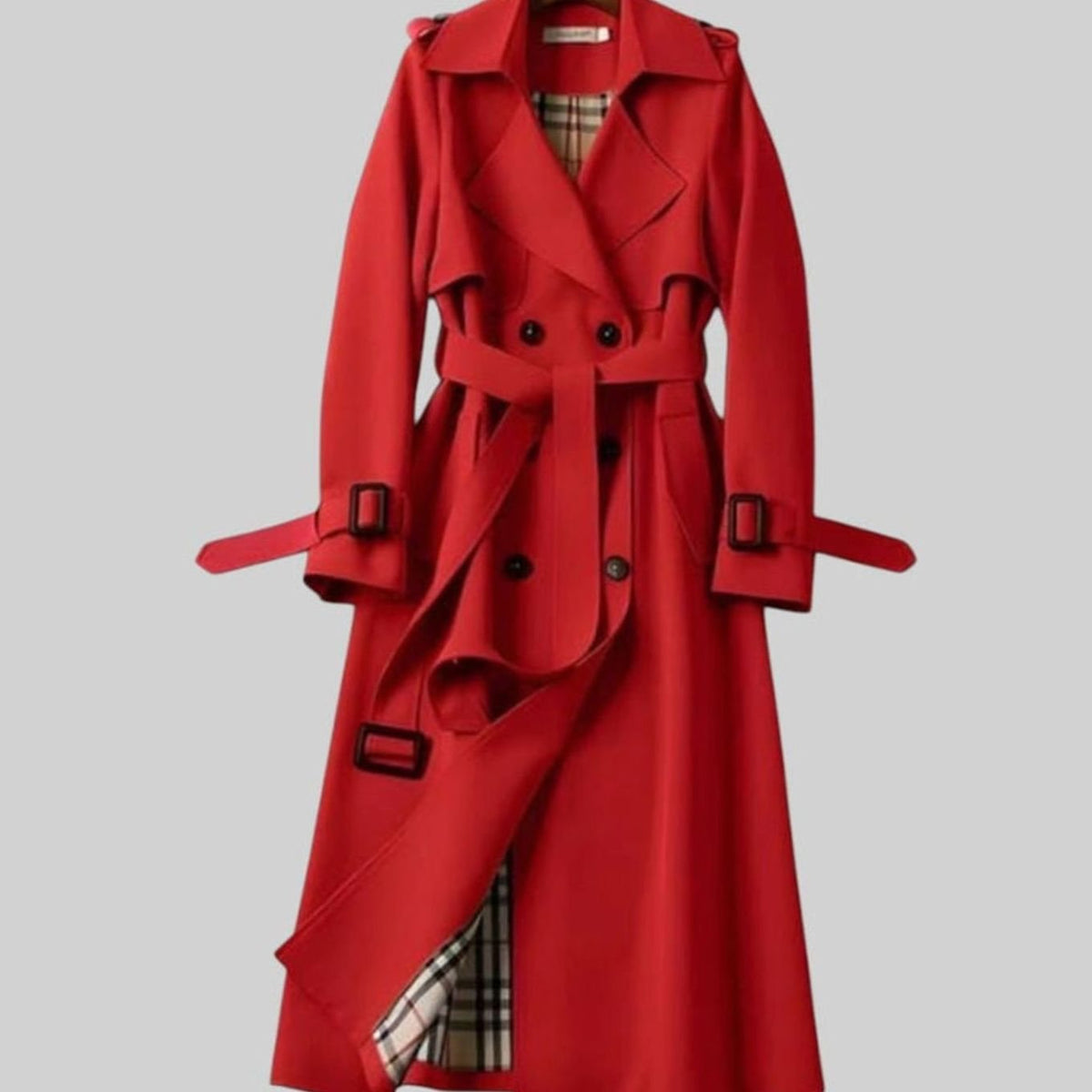 Gabardina larga para mujer con cinturón y forro de cuadros-Coats for women-Casaluzia