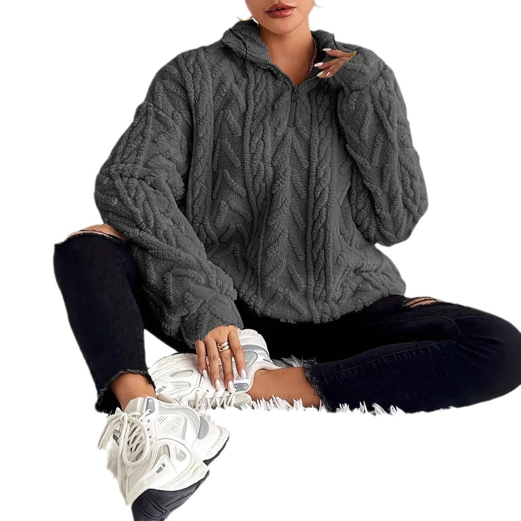 Jersey de forro polar con cremallera de cuarto para mujer-Sweaters for Women-Casaluzia