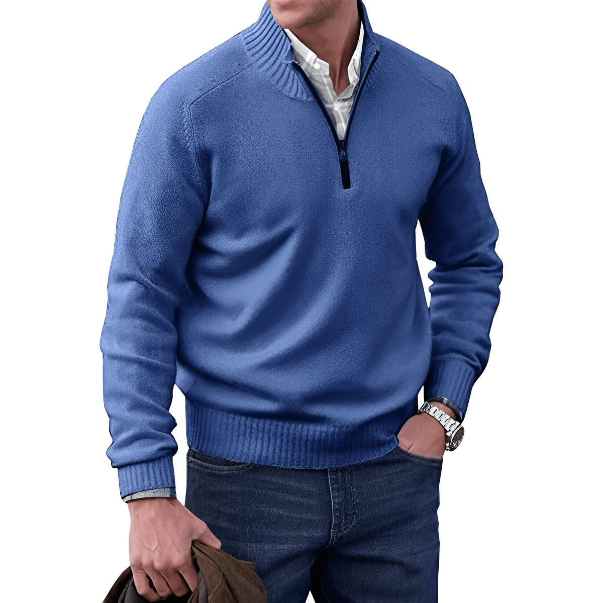 Jersey de punto con cremallera de cuarto para hombre y ribetes acanalados-Sweaters for men-Casaluzia