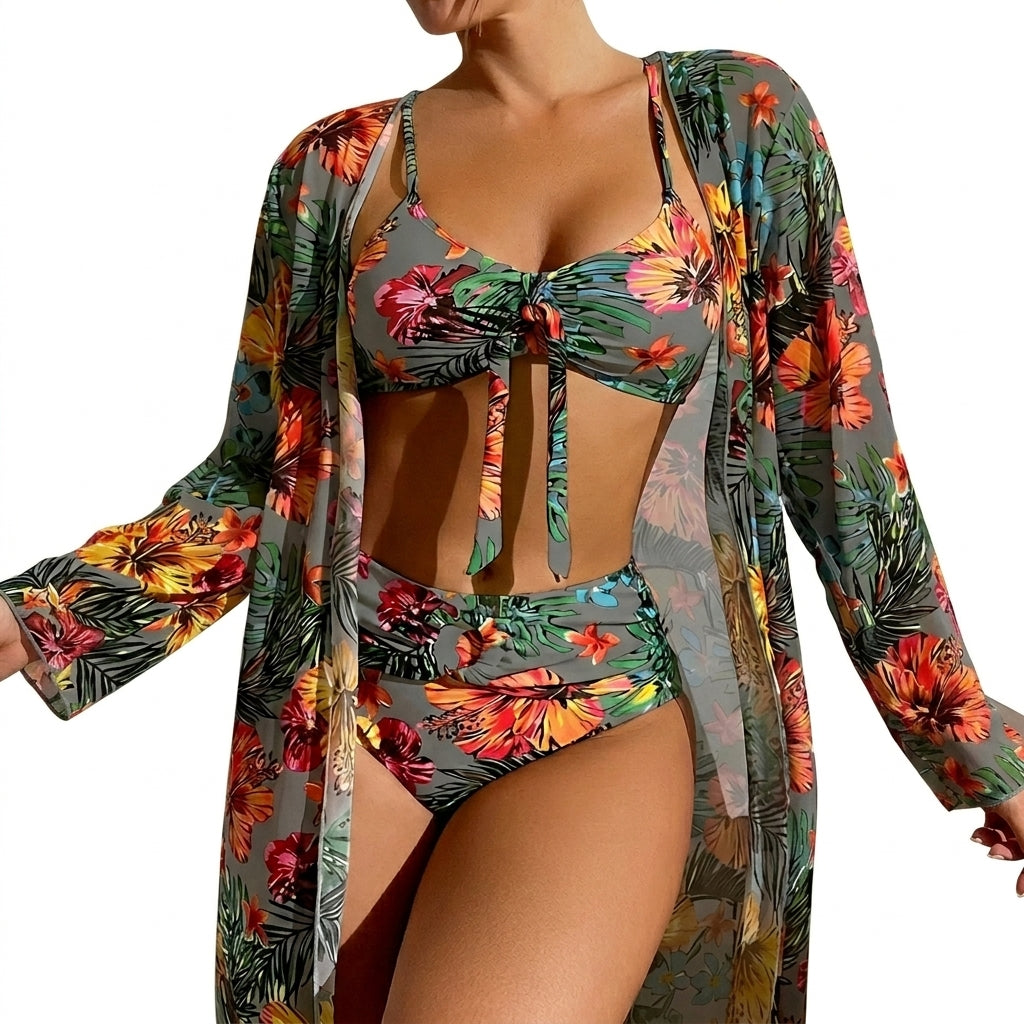 Mujer Conjunto de bikini de tres piezas con top de nudo frontal, braga de talle alto y bata larga-Swimwear for women-Casaluzia