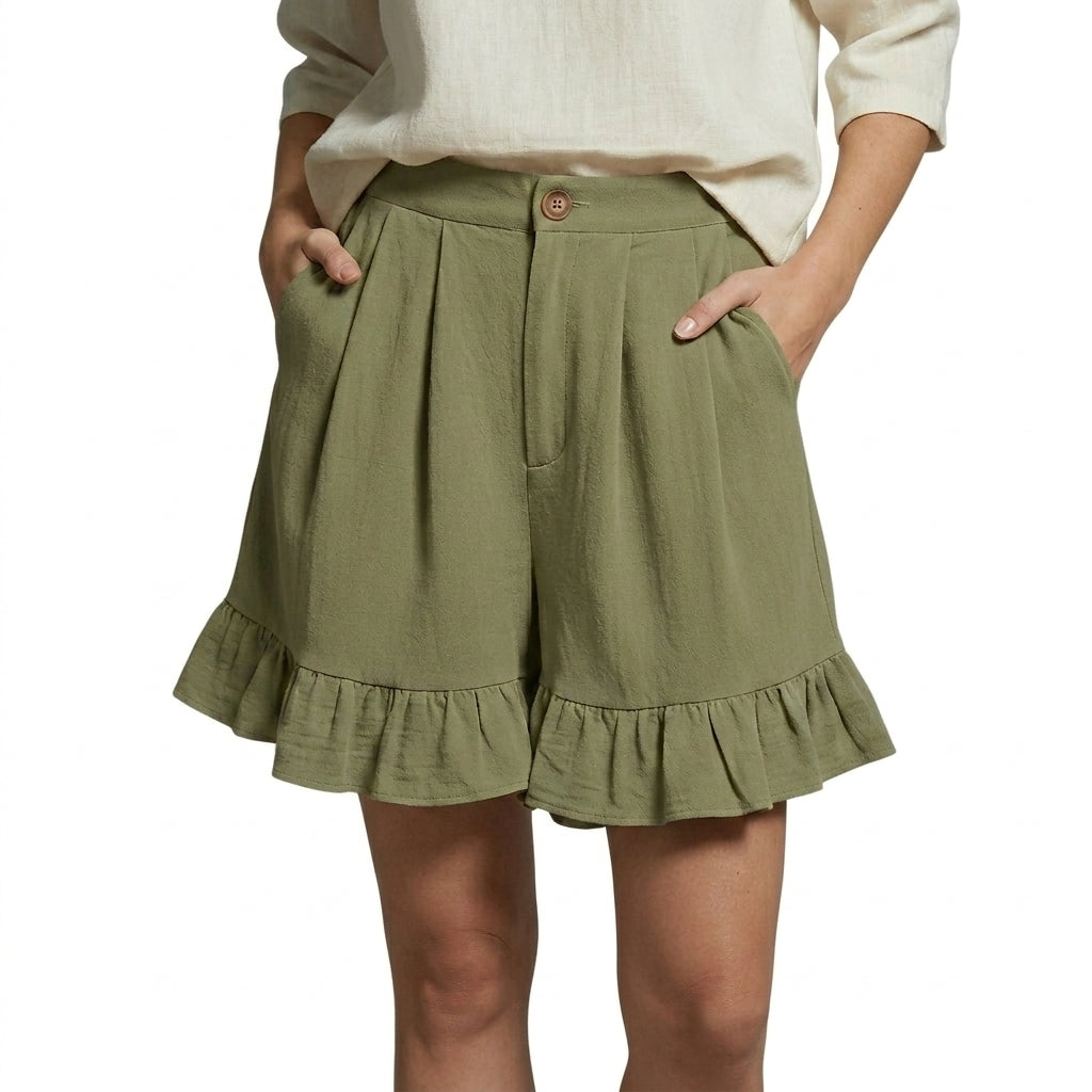 Mujer Pantalones Cortos de Talle Alto con Pliegues y Bajo con Volante-Shorts for women-Casaluzia