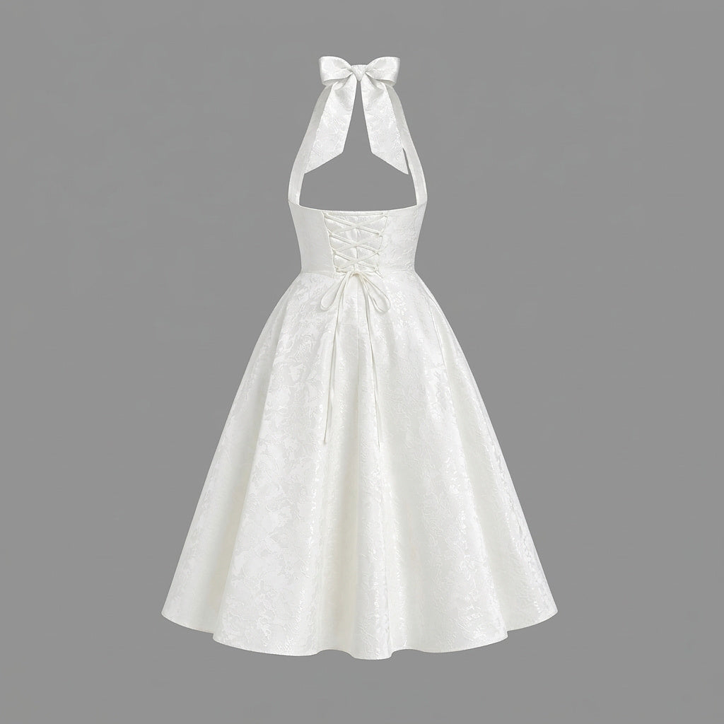 Mujer Vestido de Largo Medio con Cuello Halter y Cuerpo de Corsé y Falda Acampanada con Textura Floral-Midi Dress-Casaluzia