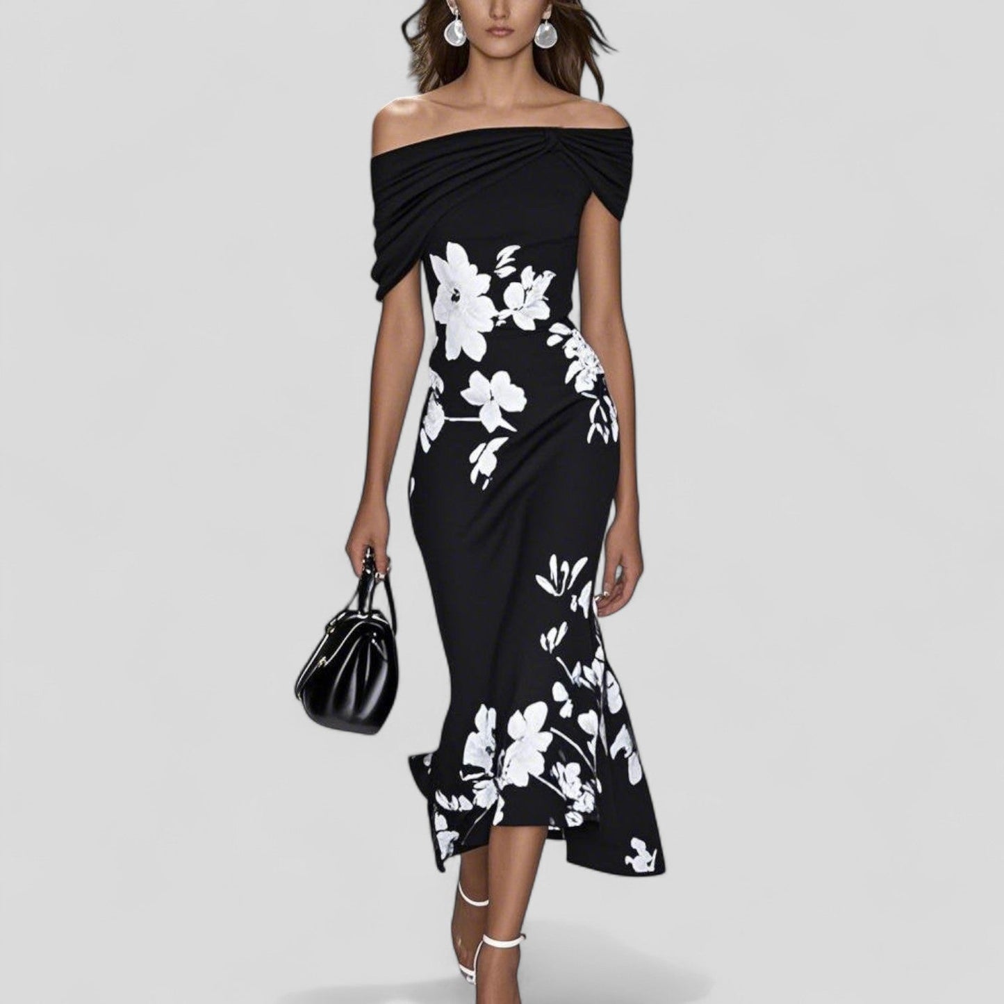 Mujer Vestido Midi con Escote Bardot y Estampado Floral-Midi Dress-Casaluzia