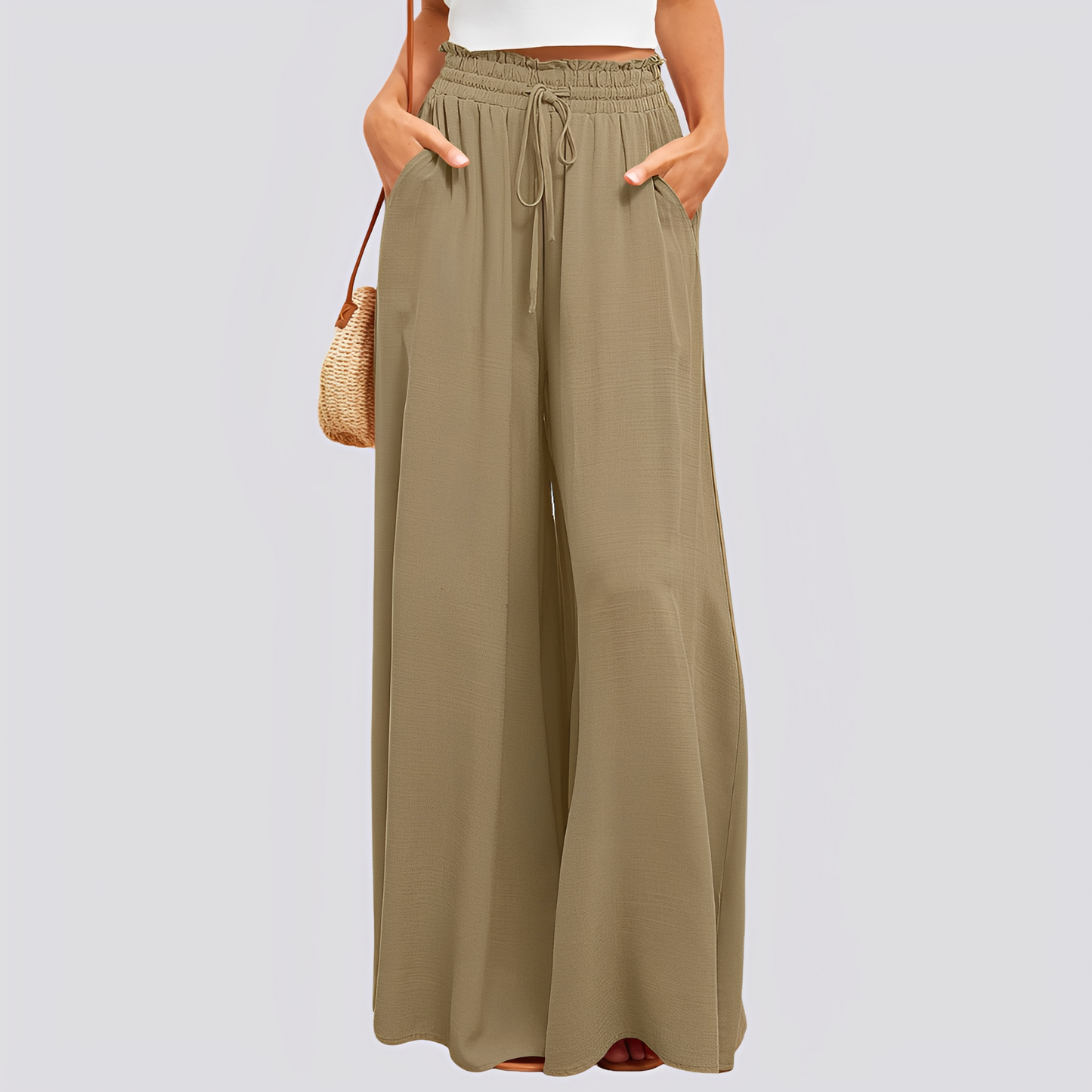 Pantalón de mujer de pierna ancha con cintura elástica y cordón ajustable-Pants for women-Casaluzia