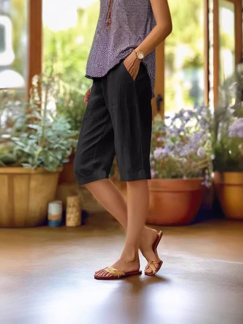 Pantalones cortos de lino de pierna ancha hasta la rodilla para mujer-Shorts for women-Casaluzia