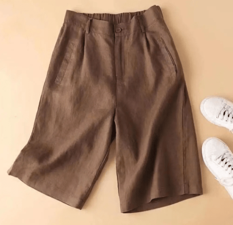 Pantalones cortos de mezcla de lino con pliegues y largo a la rodilla para mujer-Shorts for women-Casaluzia