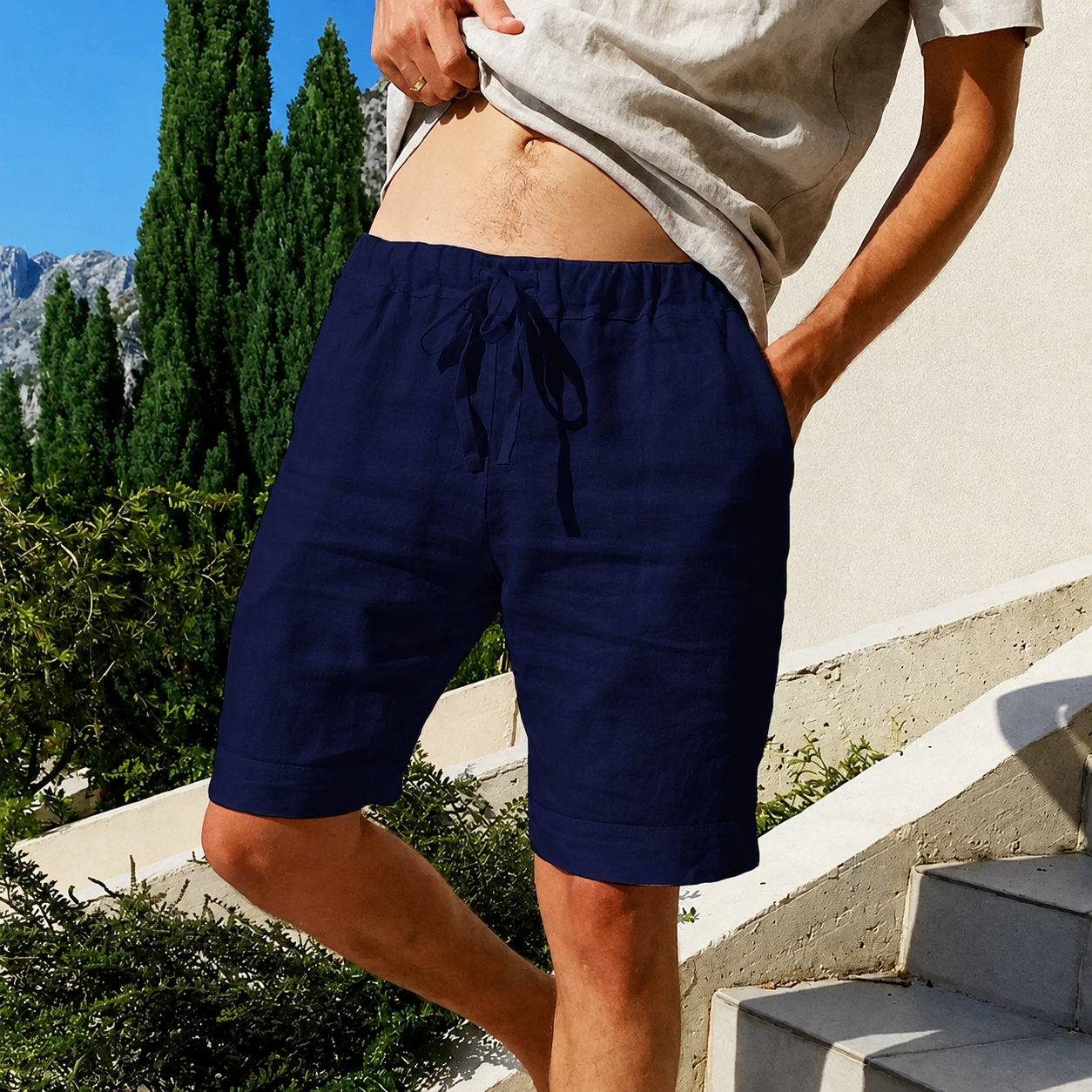 Shorts para Hombre con Cintura de Cordón Ajustable y Bolsillos Laterales-Shorts for men-Casaluzia