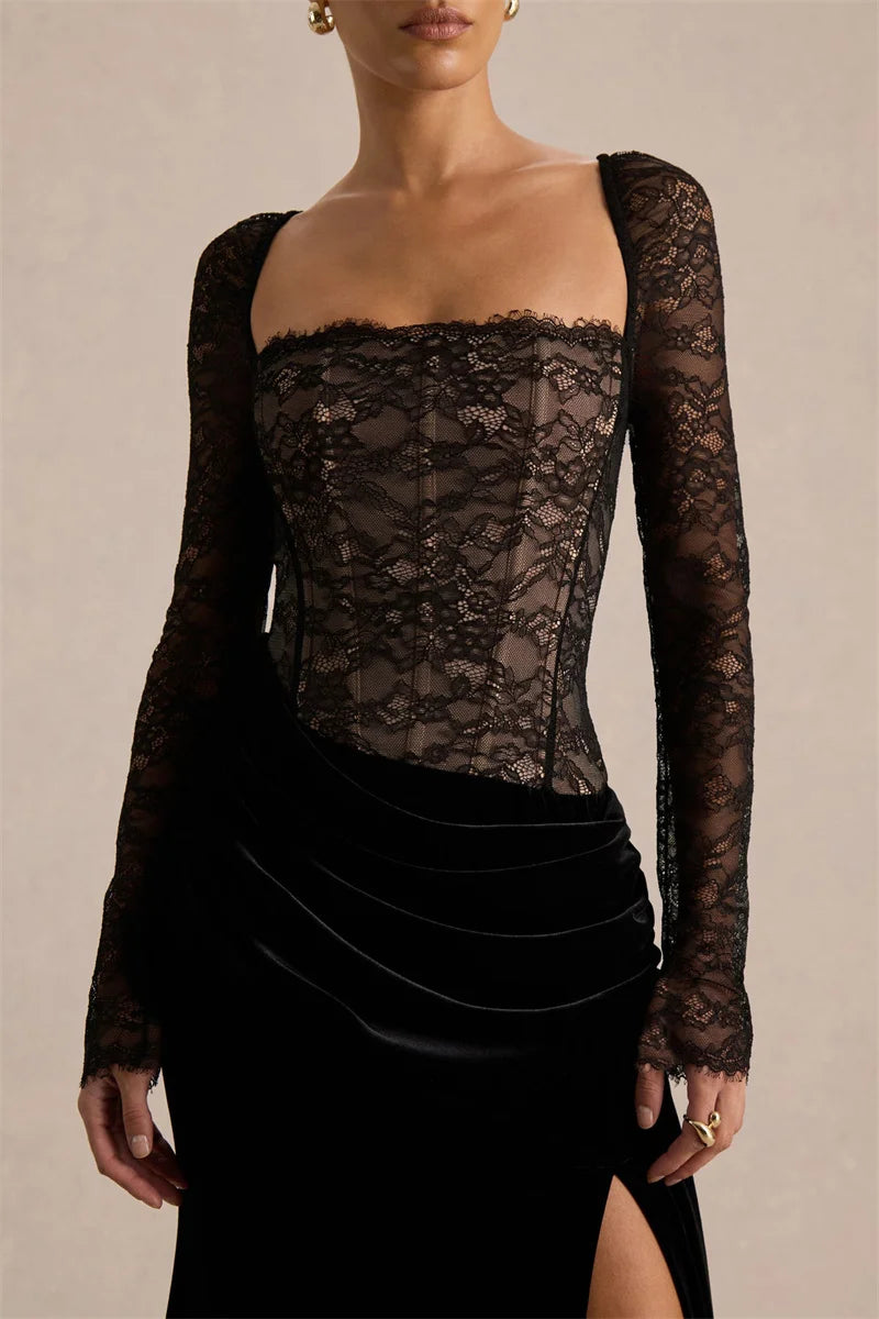 Vestido largo mujer con parte superior de encaje y abertura lateral-Maxi Dress-Casaluzia