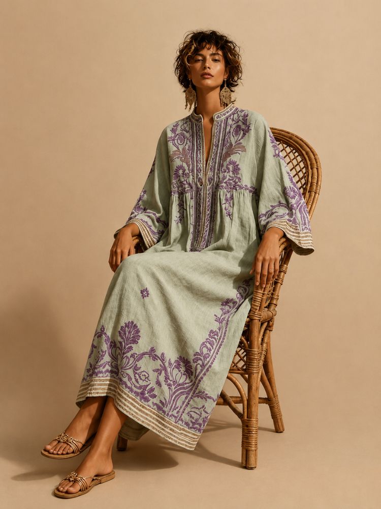 Vestido Maxi Bordado para Mujer con Mangas Anchas-Maxi Dress-Casaluzia