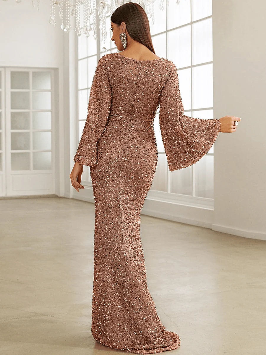 Vestido Maxi de Lentejuelas para Mujer con Escote en V y Mangas Acampanadas-Maxi Dress-Casaluzia