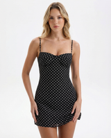 Vestido mini mujer con estampado de lunares y tirantes finos-Mini Dress-Casaluzia