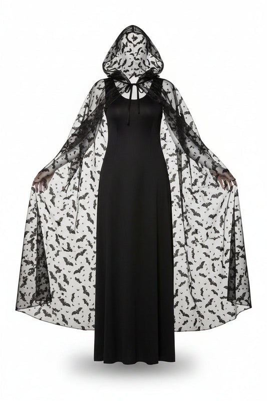 Capa con capucha y estampado de murciélagos para mujer Negro