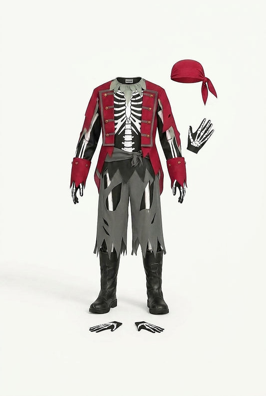 Disfraz de Pirata Esqueleto Unisex para Halloween Gris/Rojo