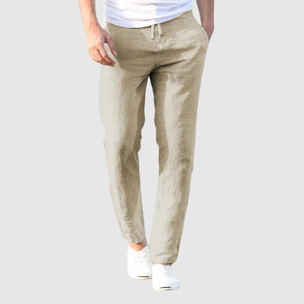 Pantalones de lino con cintura de cordón para hombre 1