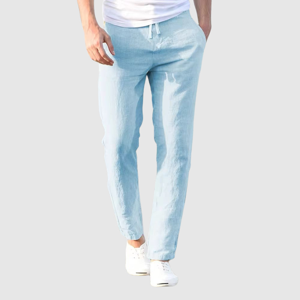 Pantalones de lino con cintura de cordón para hombre Azul