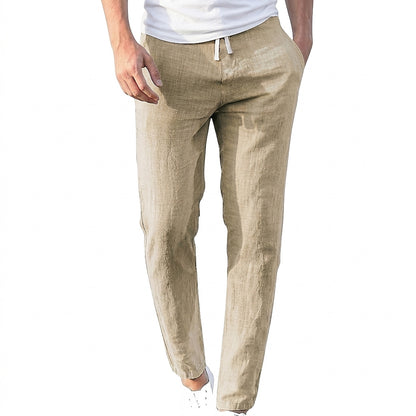Pantalones de lino con cintura de cordón para hombre Beige