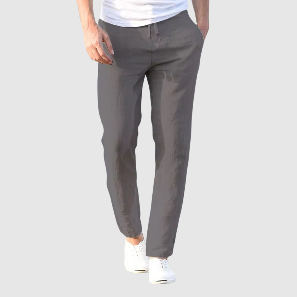 Pantalones de lino con cintura de cordón para hombre Gris