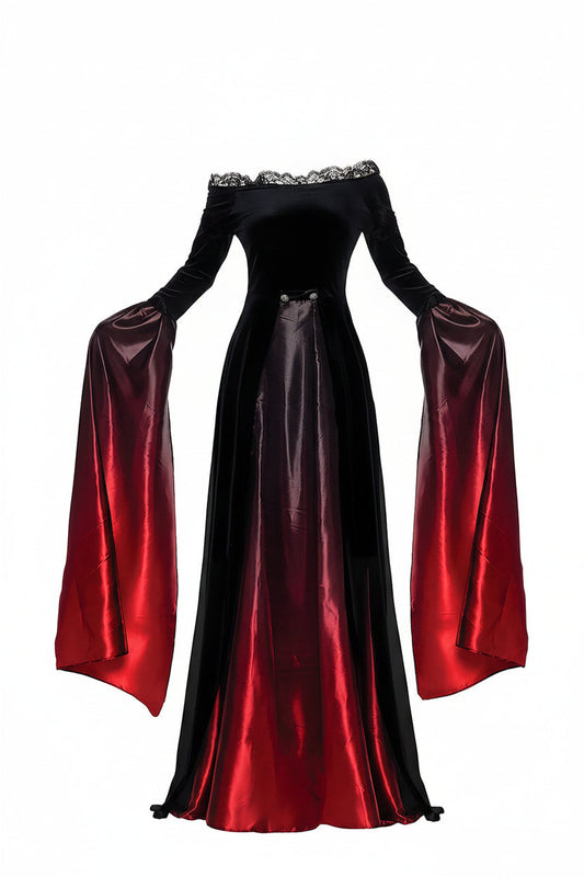 Vestido de Reina Vampira con Mangas de Trompeta y Efecto Ombré para Mujer Negro