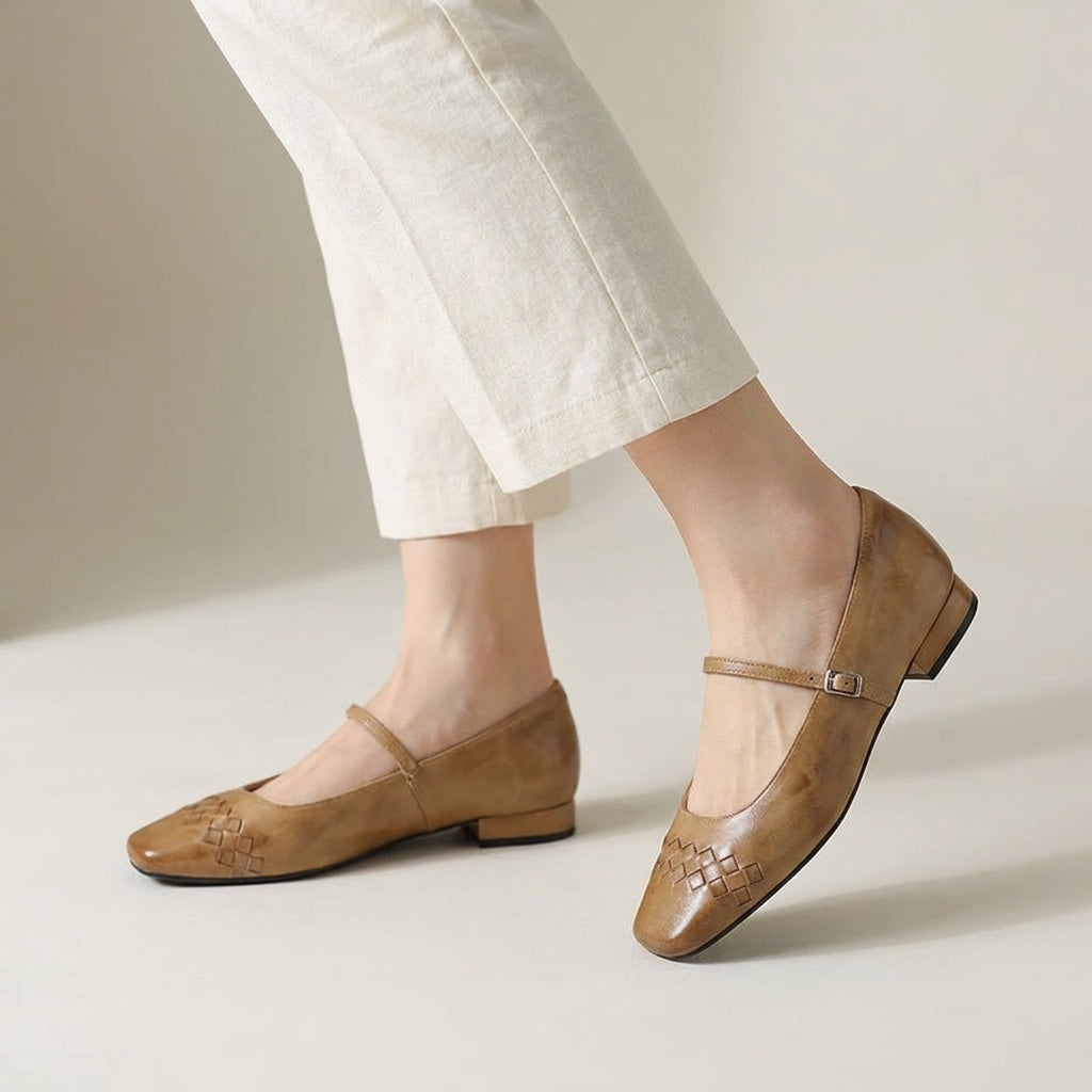 Bailarinas Mary Jane de punta cuadrada tejidas para mujer-Footwear for women-Casaluzia