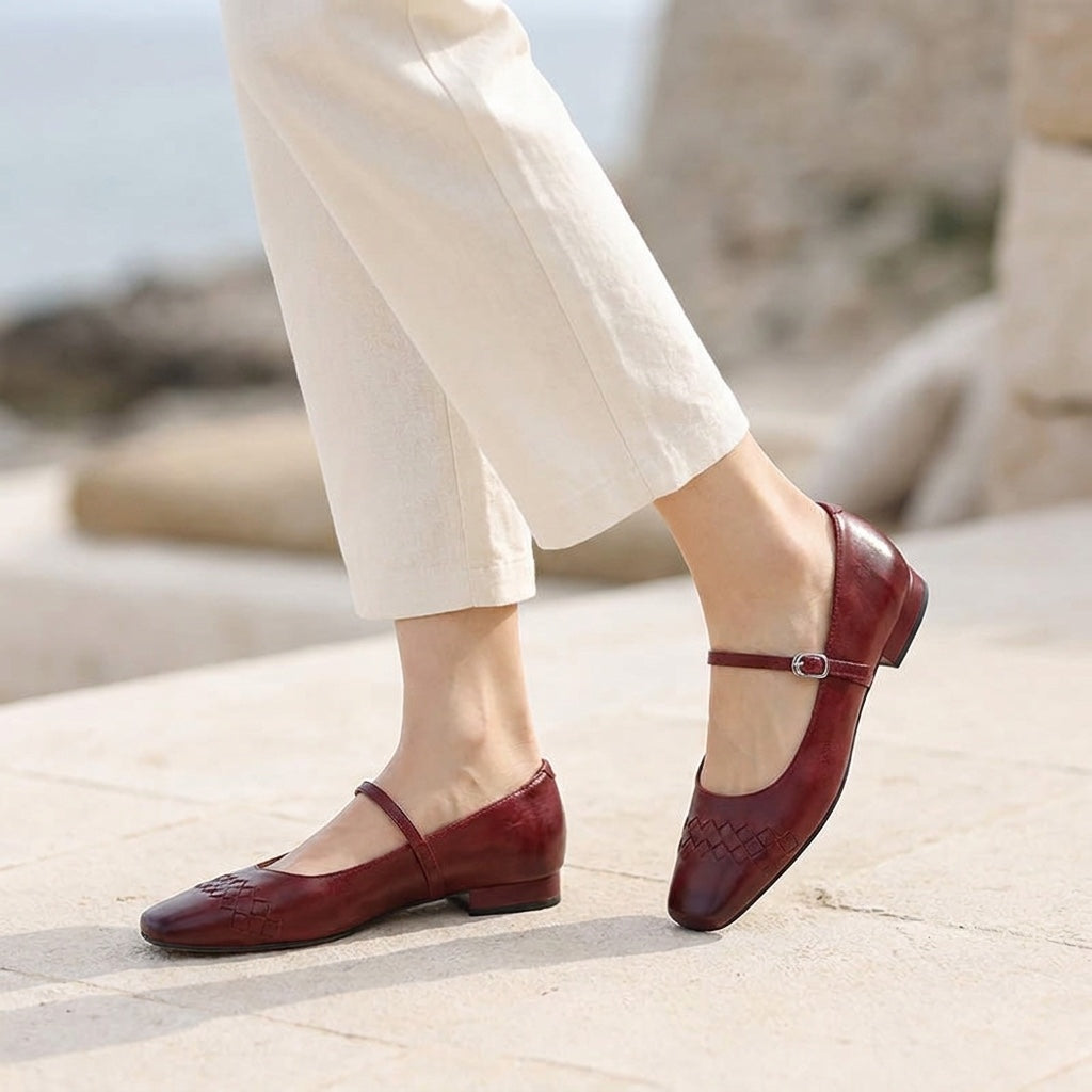 Bailarinas Mary Jane de punta cuadrada tejidas para mujer-Footwear for women-Casaluzia