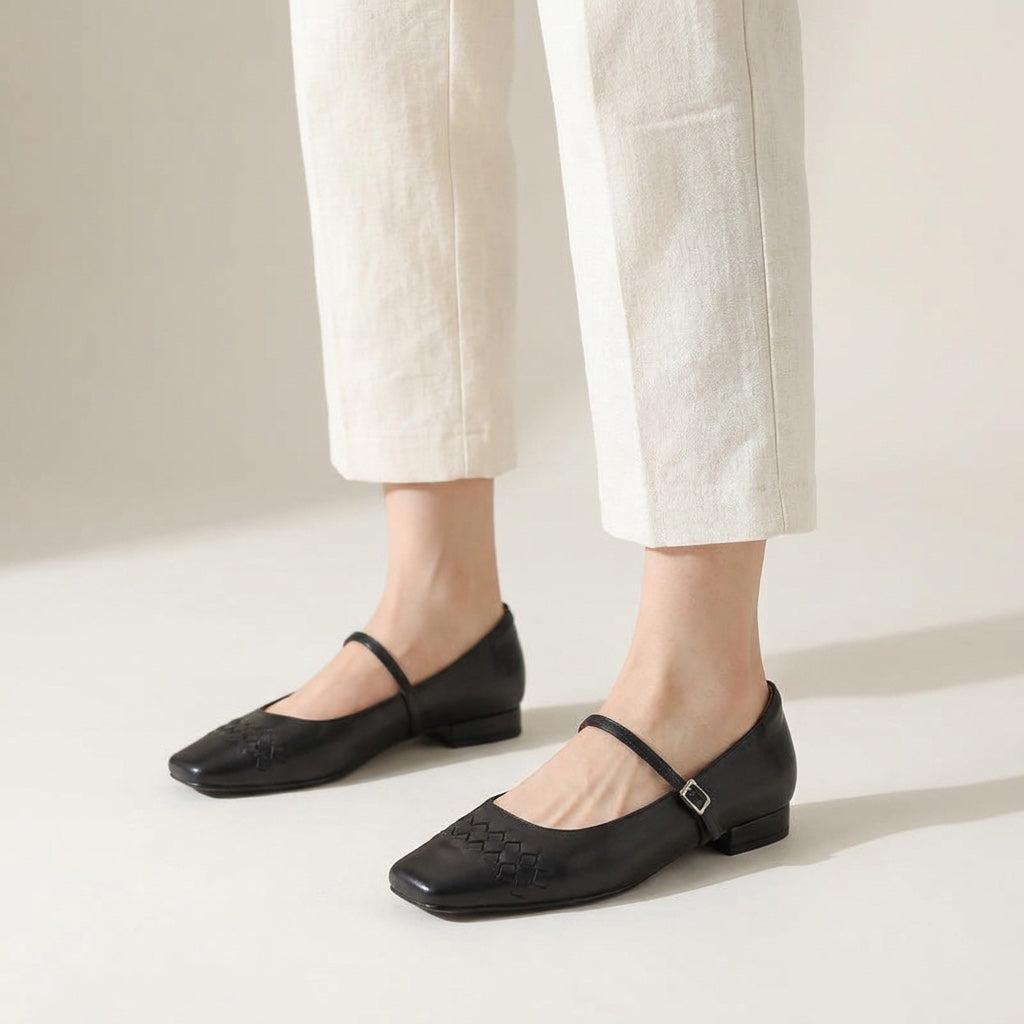 Bailarinas Mary Jane de punta cuadrada tejidas para mujer-Footwear for women-Casaluzia