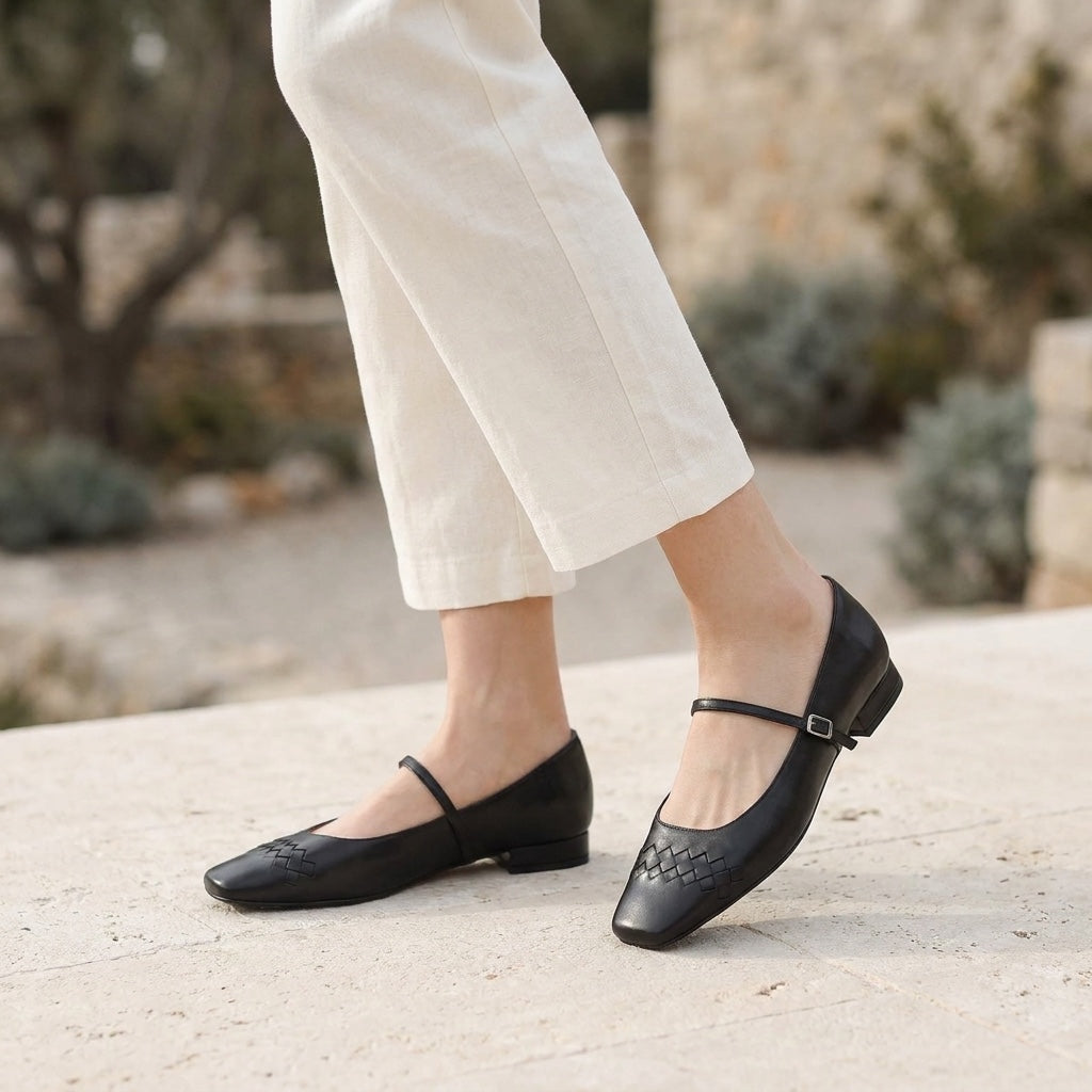 Bailarinas Mary Jane de punta cuadrada tejidas para mujer-Footwear for women-Casaluzia