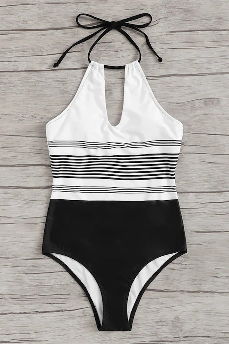 Bañador de mujer de una pieza con cuello halter, abertura frontal y sección media a rayas-Swimwear for women-Casaluzia