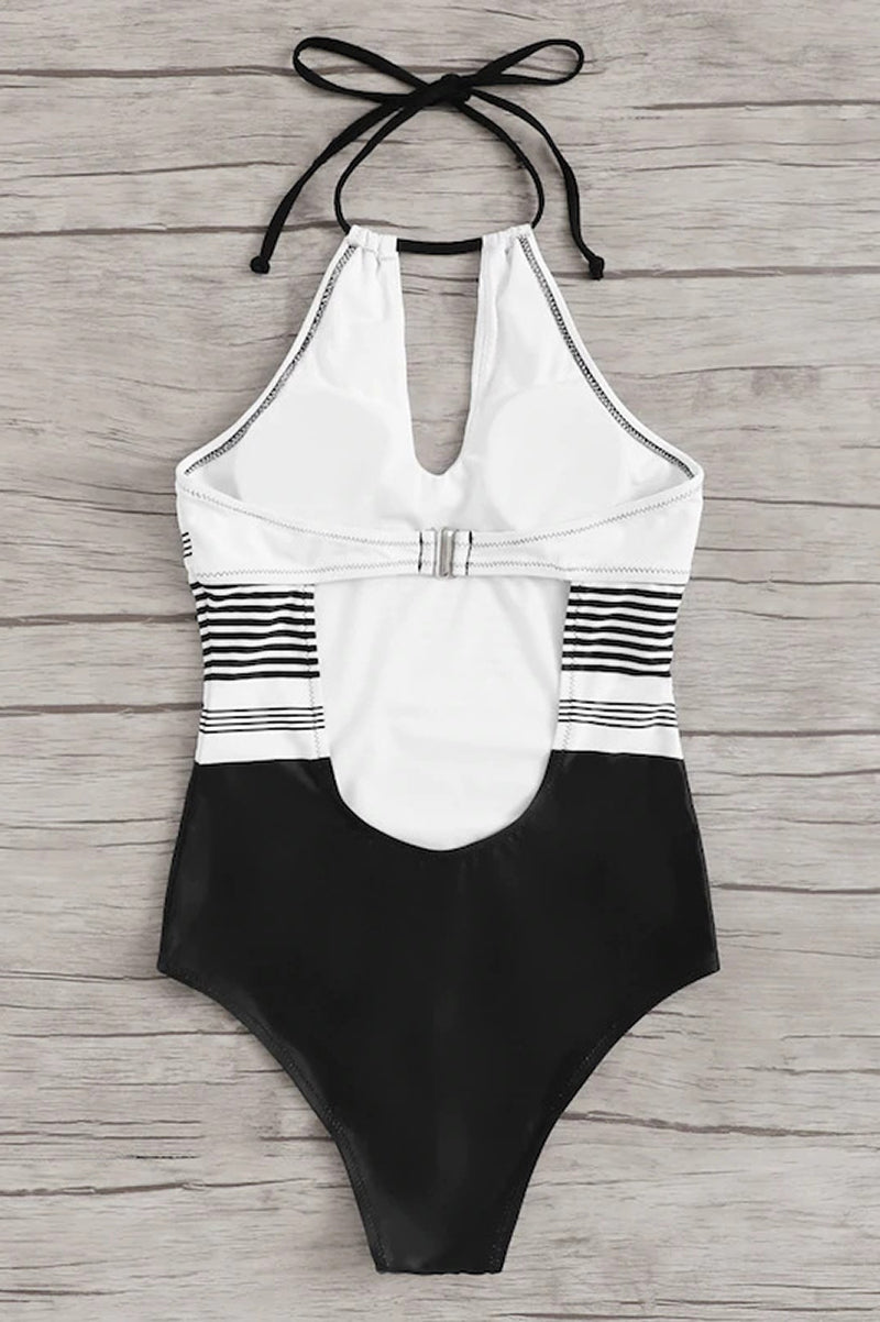 Bañador de mujer de una pieza con cuello halter, abertura frontal y sección media a rayas-Swimwear for women-Casaluzia