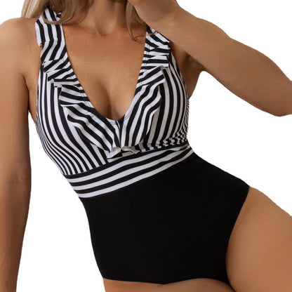 Bañador de una pieza a rayas con cuello en V para mujer-Swimwear for women-Casaluzia