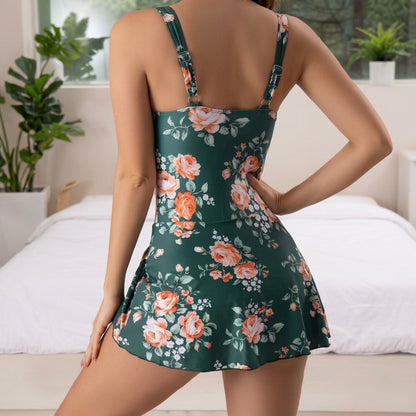 Bañador de una pieza para mujer con estampado floral y panel de falda cruzada-Swimwear for women-Casaluzia
