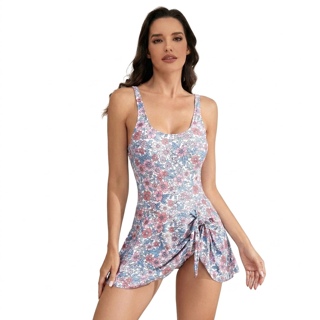Bañador de una pieza para mujer con estampado floral y panel de falda cruzada-Swimwear for women-Casaluzia
