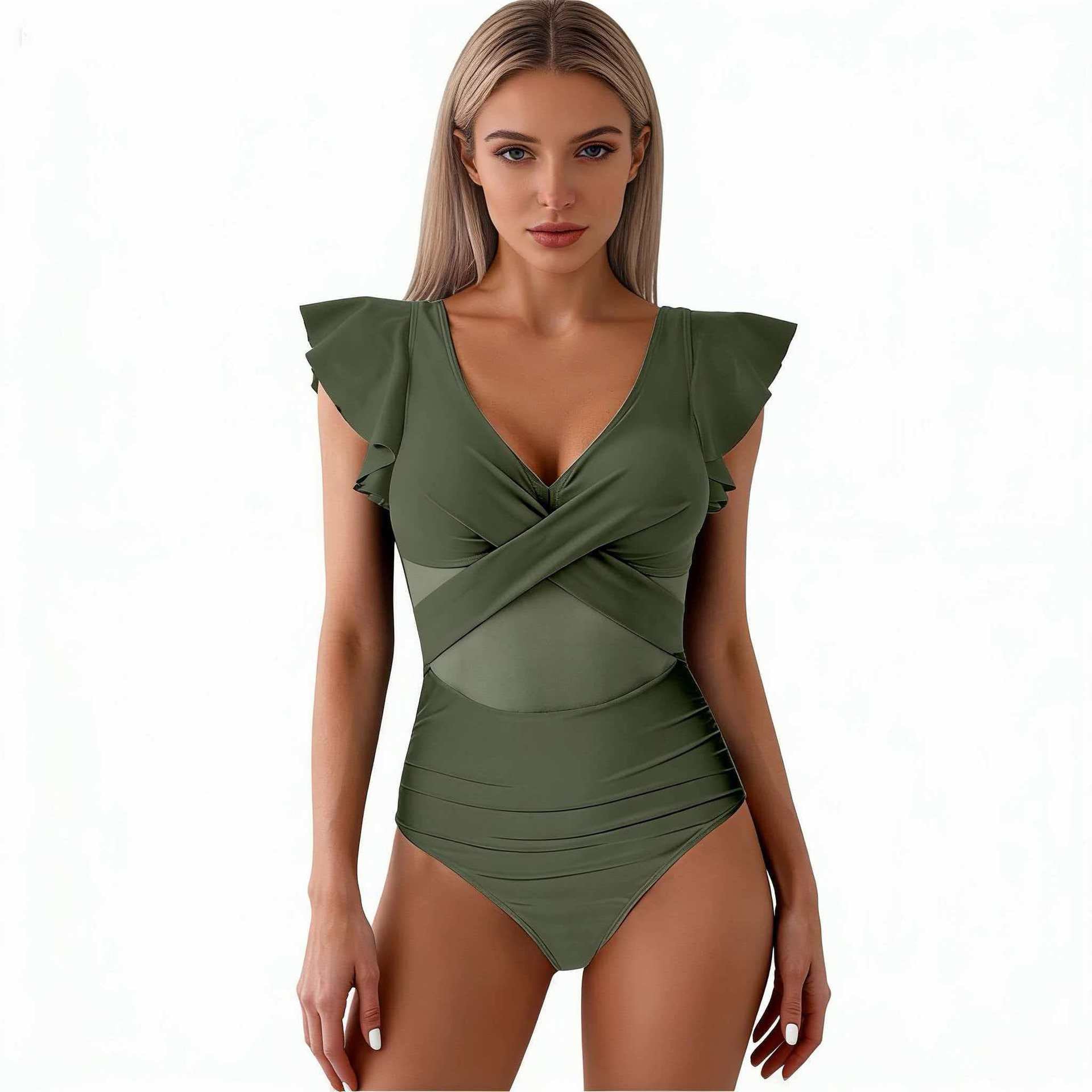 Bañador de una pieza para mujer con mangas con volantes-Swimwear for Women-Casaluzia