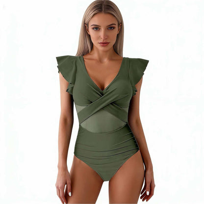 Bañador de una pieza para mujer con mangas con volantes-Swimwear for Women-Casaluzia