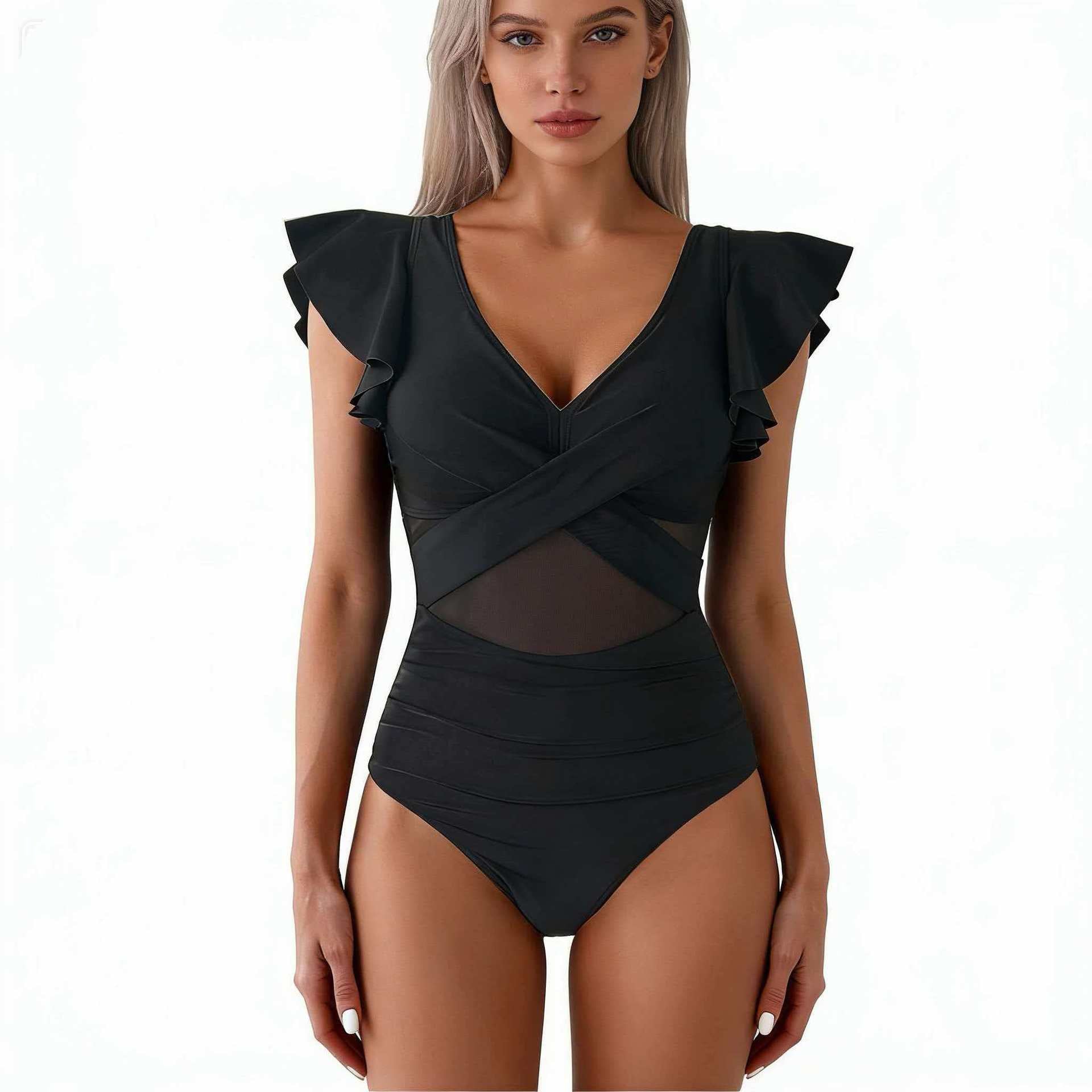 Bañador de una pieza para mujer con mangas con volantes-Swimwear for Women-Casaluzia