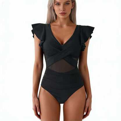 Bañador de una pieza para mujer con mangas con volantes-Swimwear for Women-Casaluzia