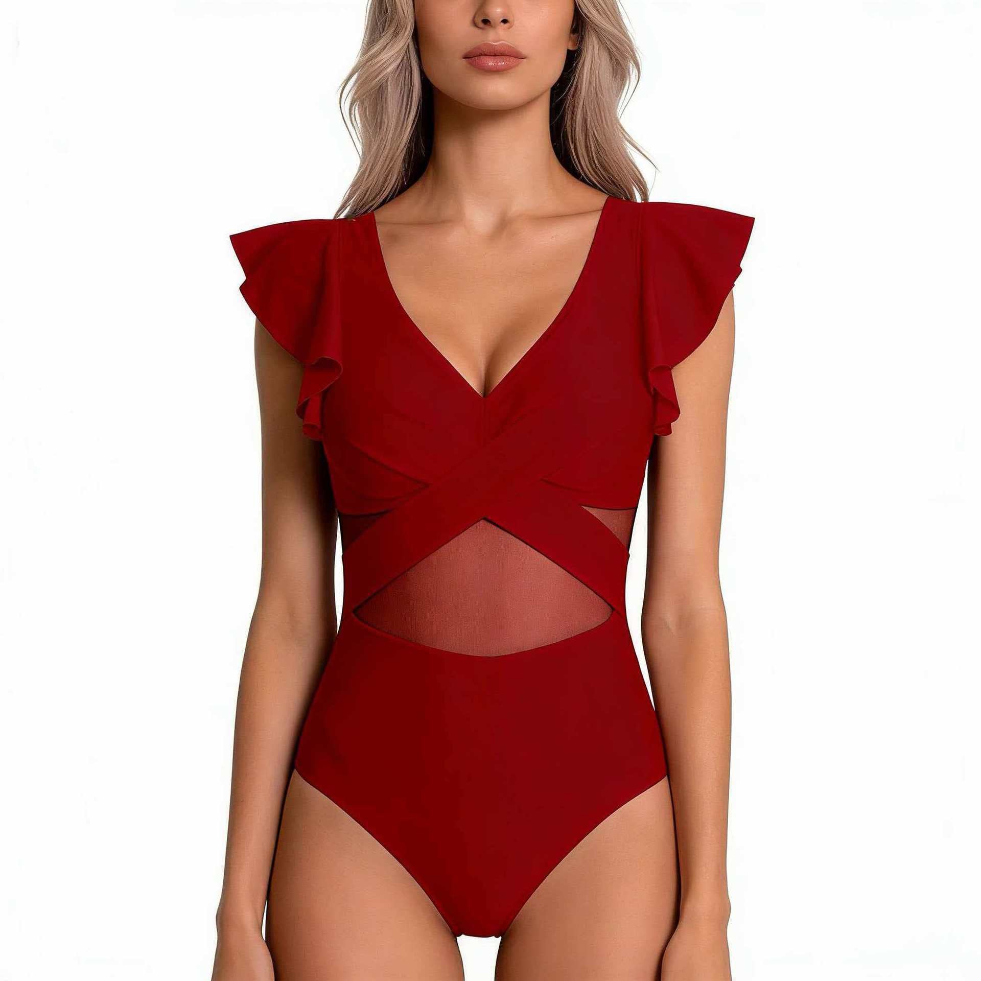 Bañador de una pieza para mujer con mangas con volantes-Swimwear for Women-Casaluzia