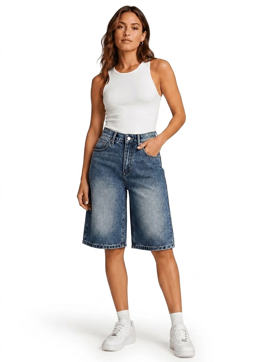 Bermudas de mezclilla de tiro alto para mujer-Shorts for women-Casaluzia