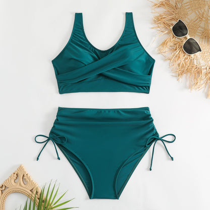 Bikini de dos piezas de talle alto con lazos laterales para mujer-Swimwear for Women-Casaluzia