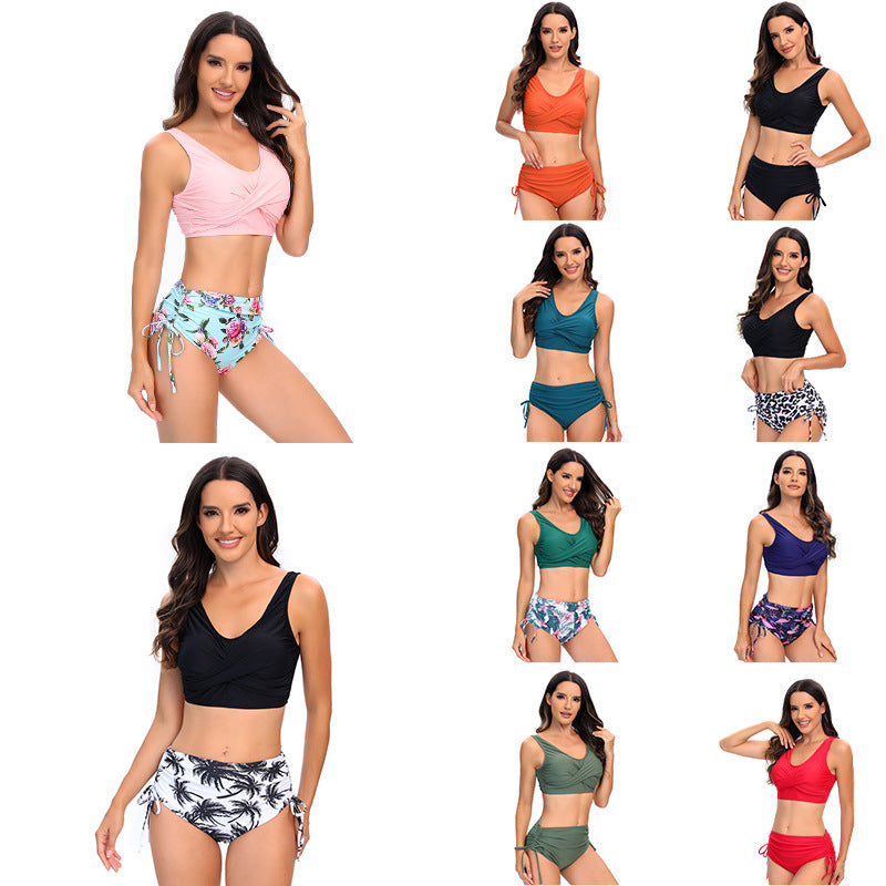 Bikini de dos piezas de talle alto con lazos laterales para mujer-Swimwear for Women-Casaluzia