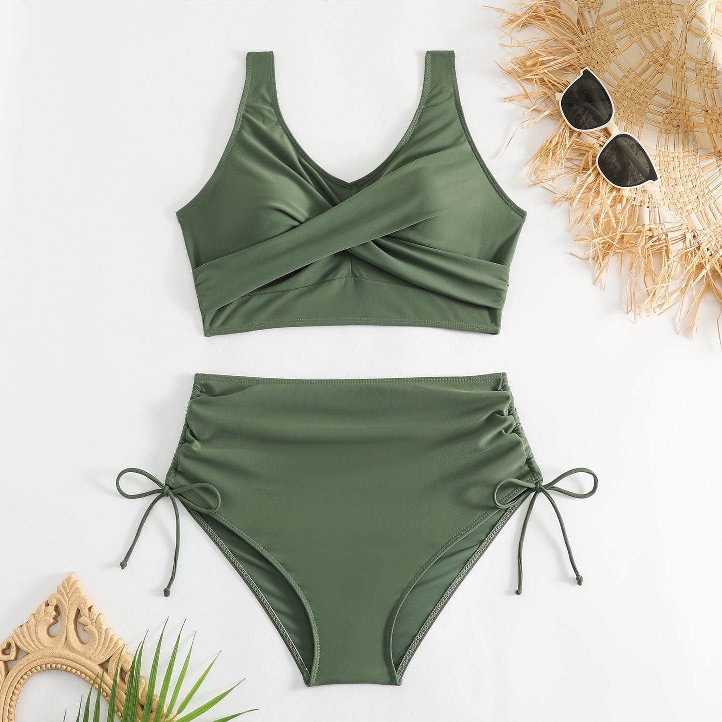 Bikini de dos piezas de talle alto con lazos laterales para mujer-Swimwear for Women-Casaluzia