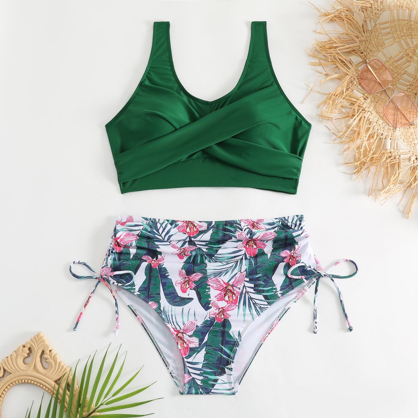 Bikini de dos piezas de talle alto con lazos laterales para mujer-Swimwear for Women-Casaluzia