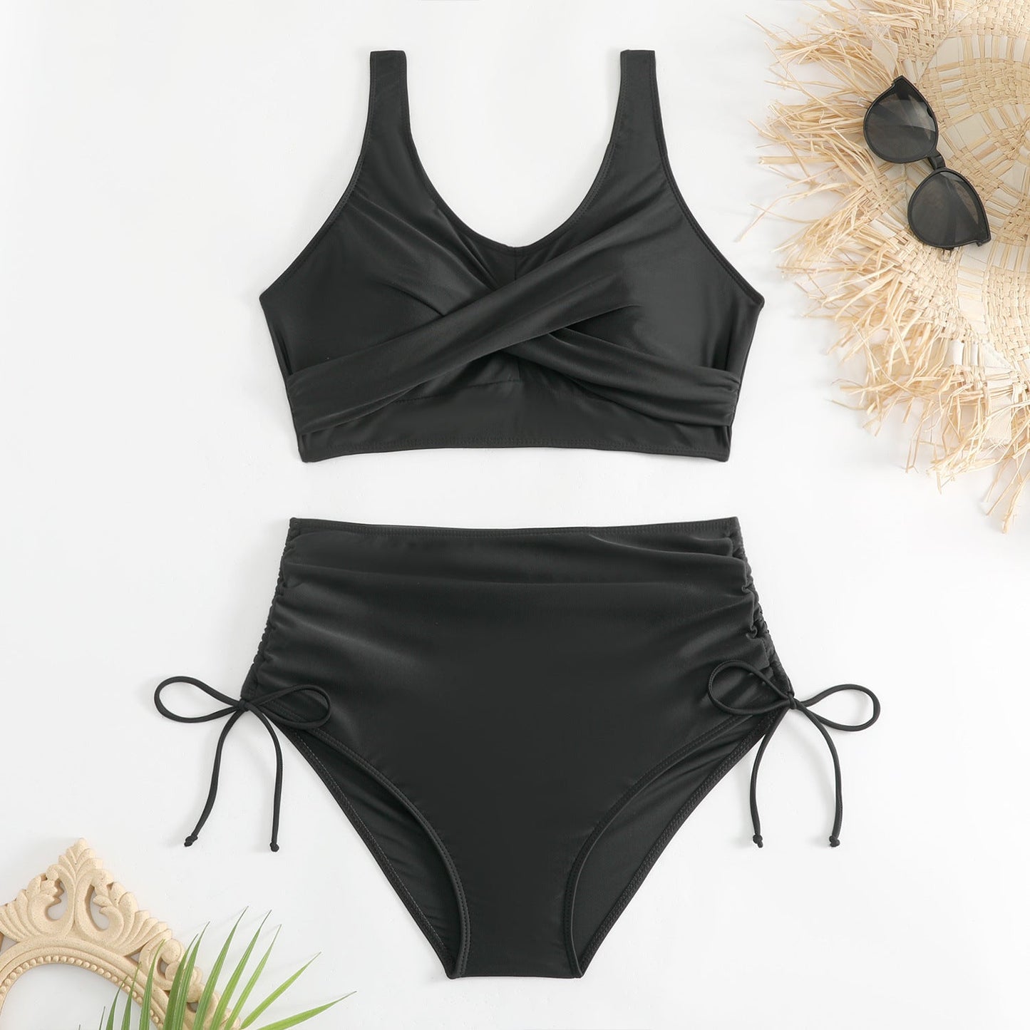 Bikini de dos piezas de talle alto con lazos laterales para mujer-Swimwear for Women-Casaluzia
