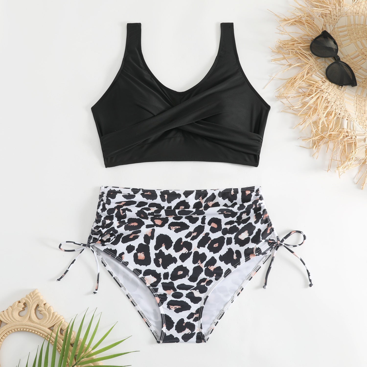 Bikini de dos piezas de talle alto con lazos laterales para mujer-Swimwear for Women-Casaluzia