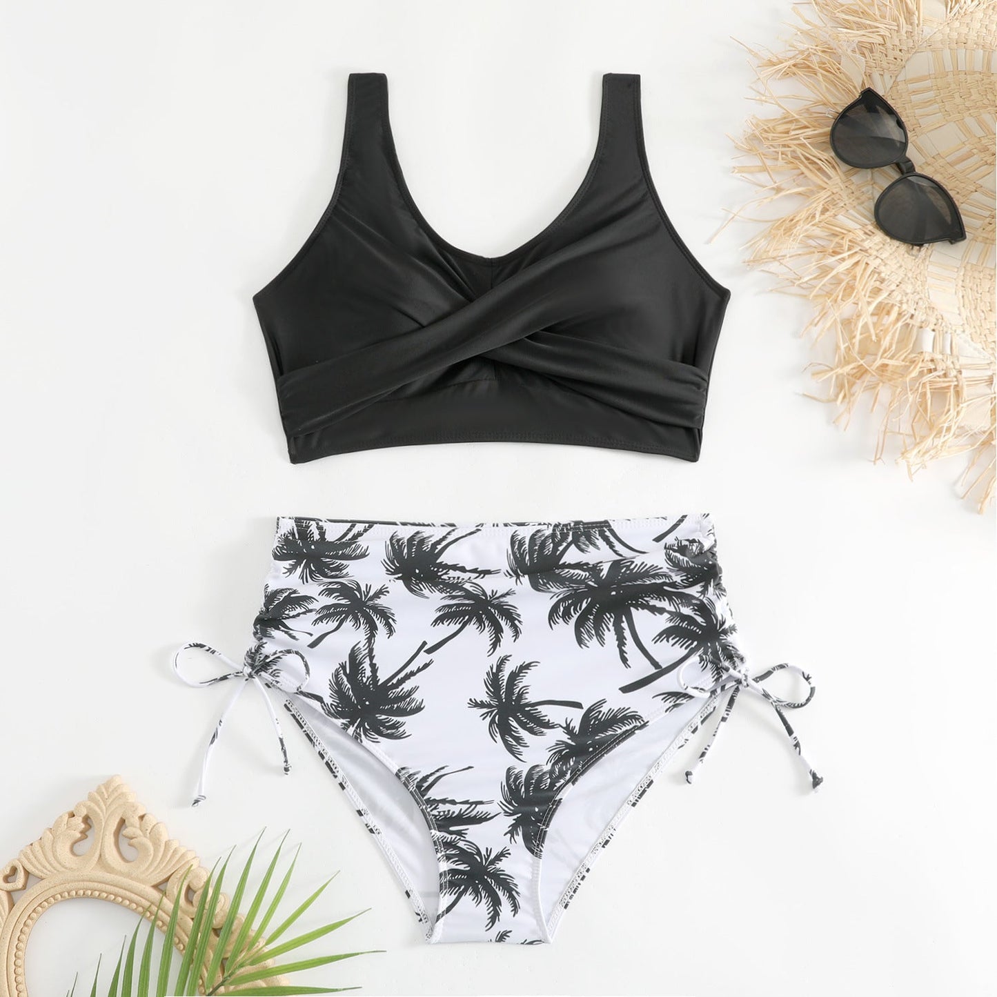 Bikini de dos piezas de talle alto con lazos laterales para mujer-Swimwear for Women-Casaluzia